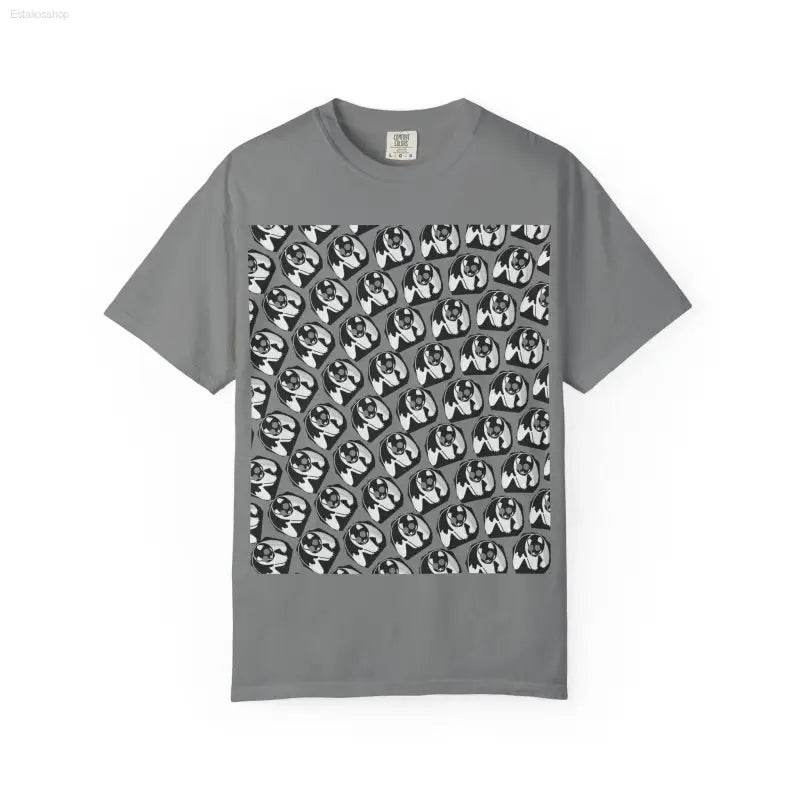 Gray t-shirt with repeating sloth pattern.