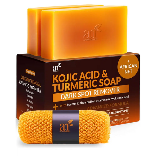 Artnaturals Kojic Acid Soap + African Net Sponge (2 pack X 142g Turmeric bars) Dark spot remover & Scars - Original