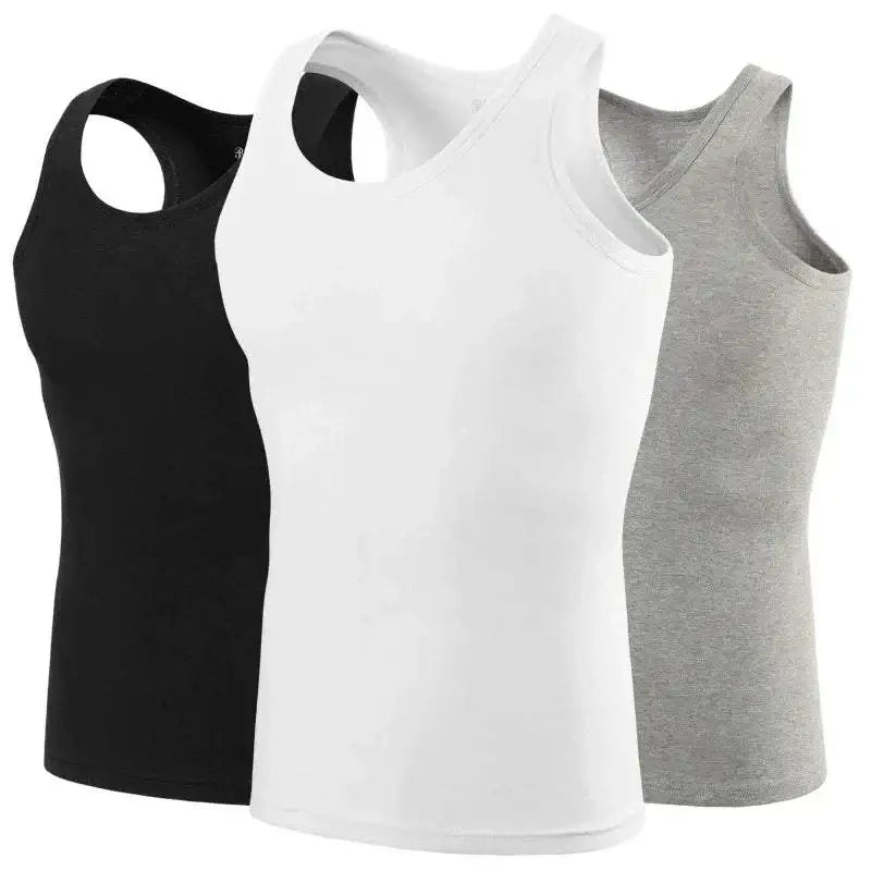 Three cotton narrow shoulder vests in black, white, and gray from Asia XXL sold