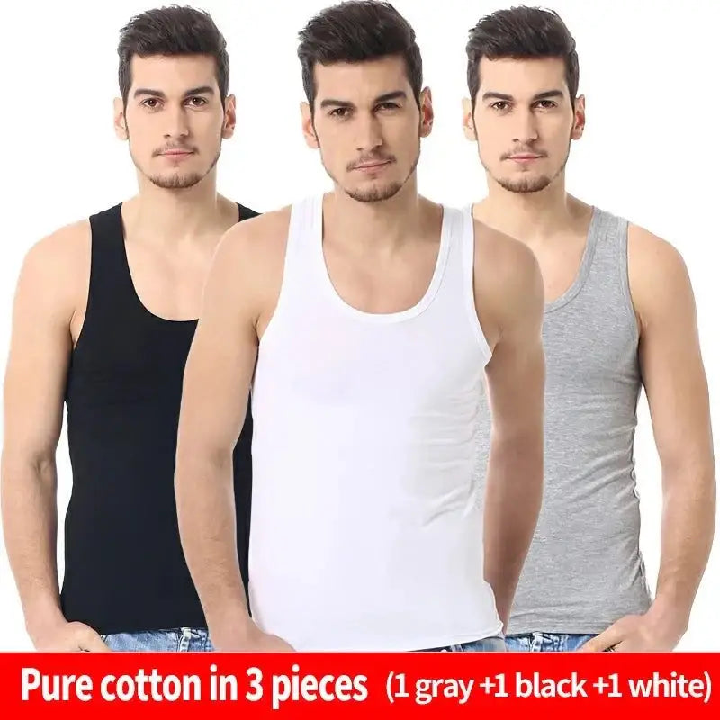 Men’s Asia XXL Narrow Shoulder Cotton Vests in black, white, and gray displayed