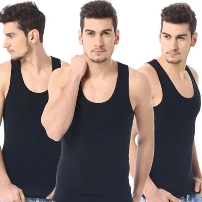 Three men’s cotton narrow shoulder vests from Asia XXL Sold in black color