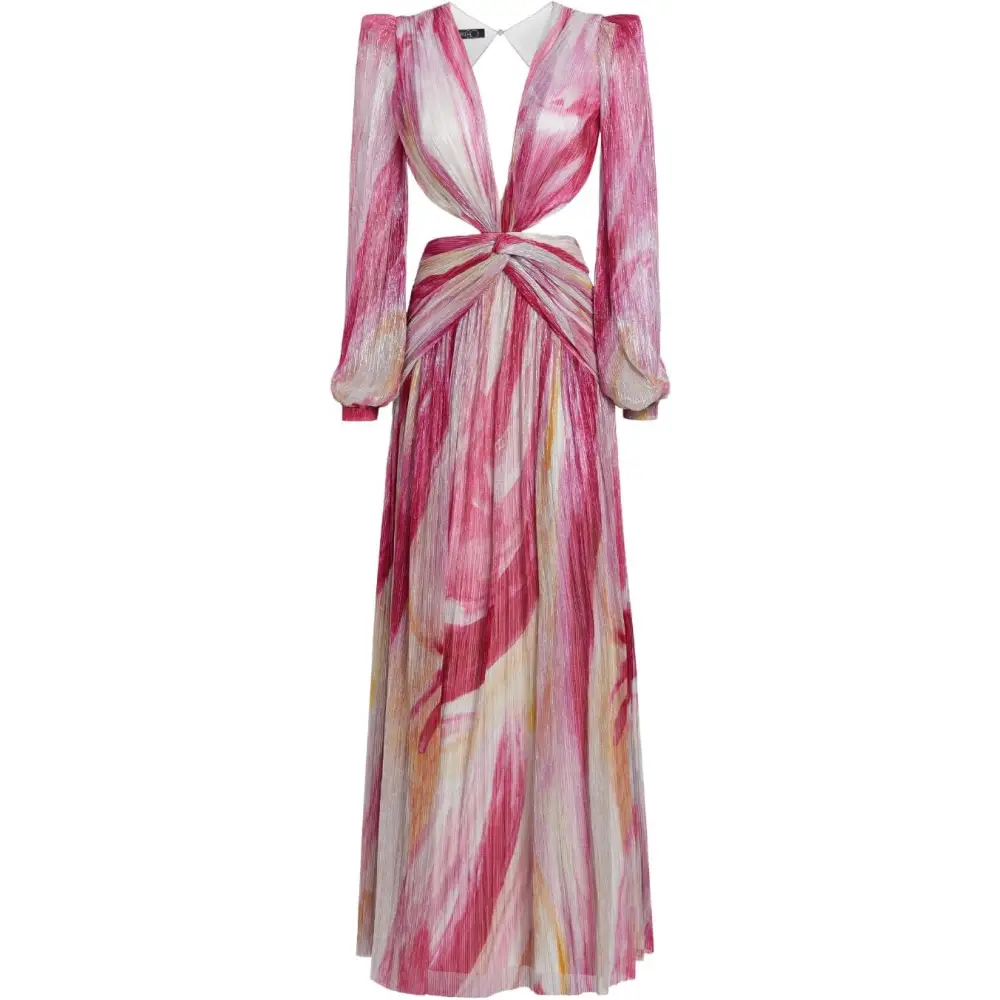 Stylish Pink Aura Metallic Plunge Maxi Dress with a cute cutout design