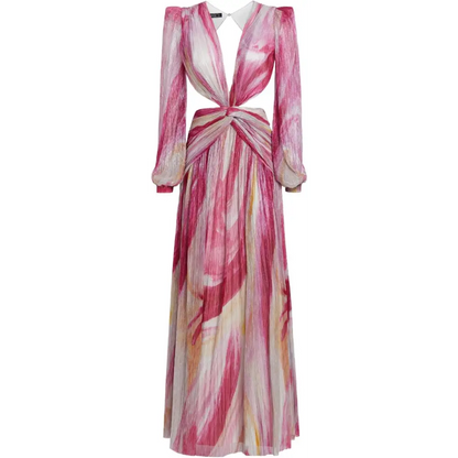 Stylish Pink Aura Metallic Plunge Maxi Dress with a cute cutout design