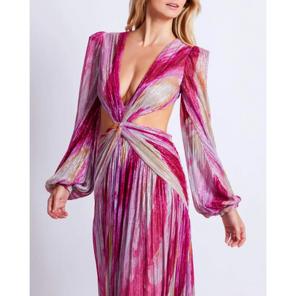 Pink Aura Metallic Plunge Maxi Dress featuring a stylish cut-out design and vibrant colors