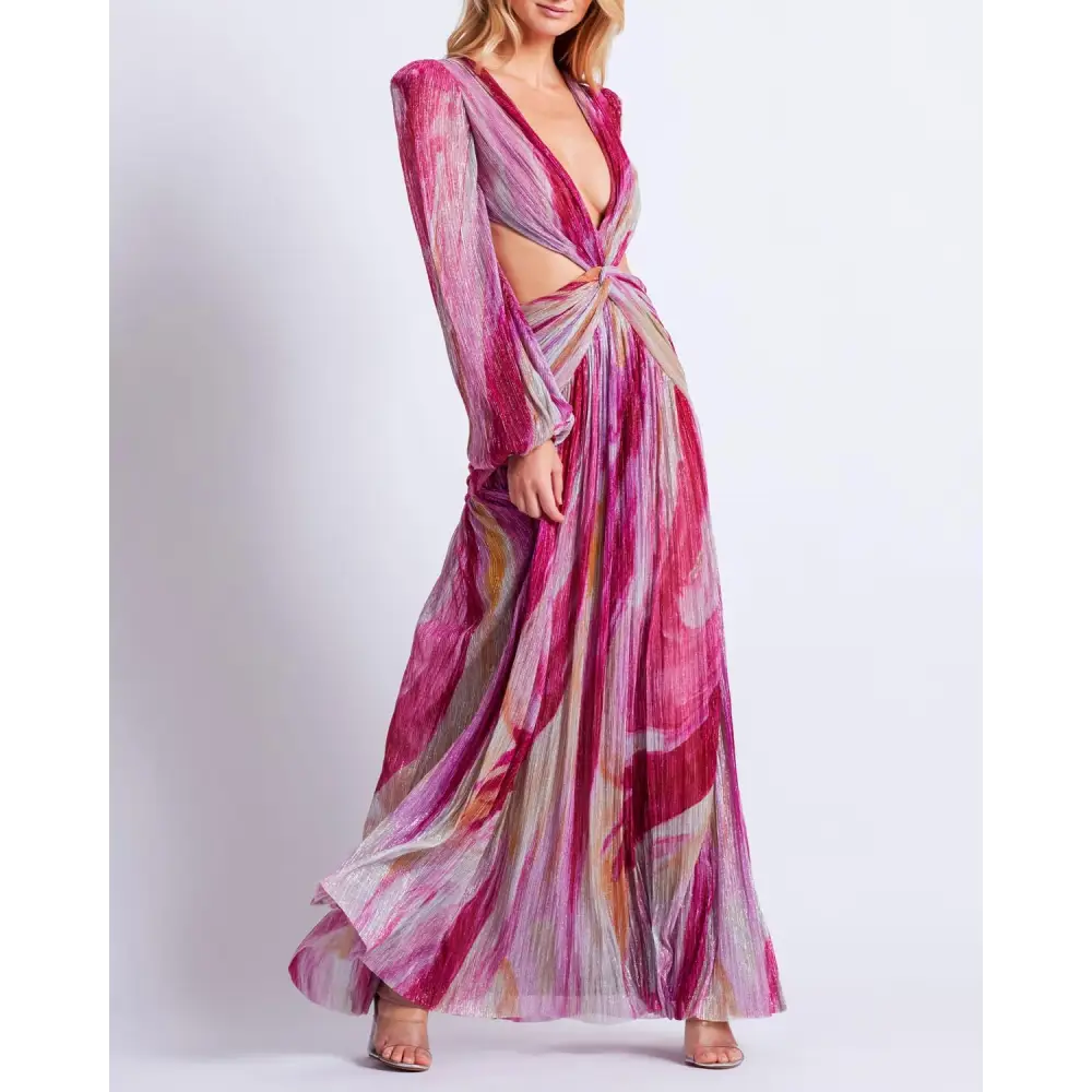 Long-sleeved Pink Aura Metallic Plunge Maxi Dress showcasing a vibrant pink and purple design