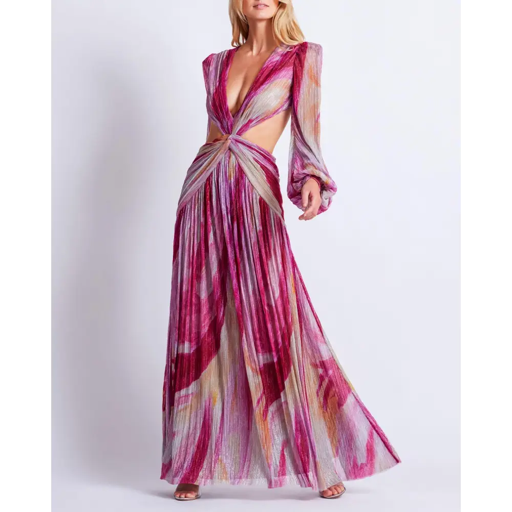 Stylish Pink Aura Metallic Plunge Maxi Dress with long sleeves and pleated design