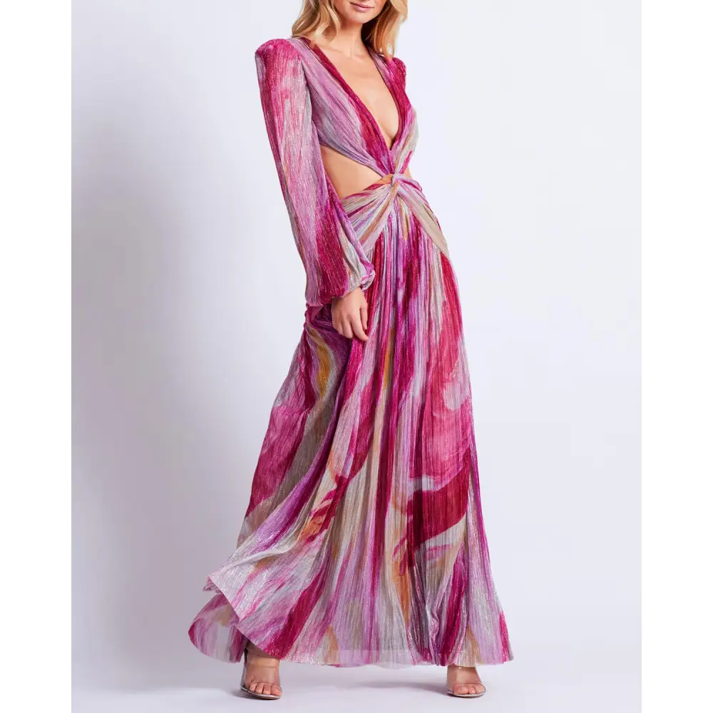 Long-sleeved Pink Aura Metallic Plunge Maxi Dress in pink and purple hues