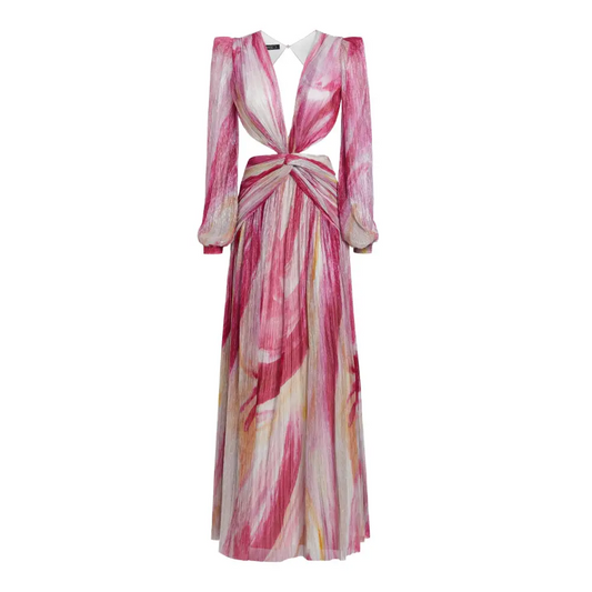 Pink Aura Metallic Plunge Maxi Dress featuring long sleeves and stylish cutouts