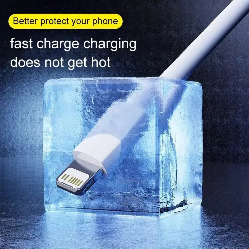 Phone charging cable encased in ice, showcasing Authentic 30W Pro Max Data Line for 30W fast charging