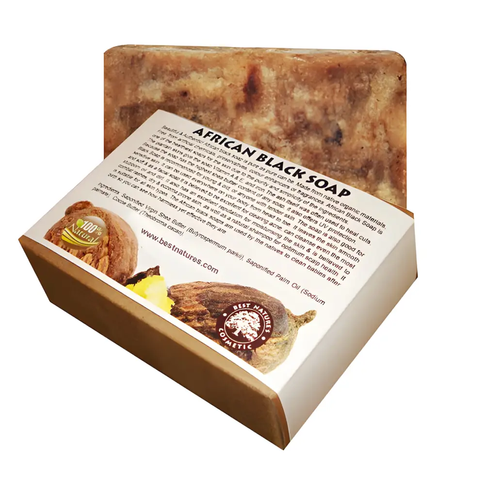 Authentic African Black Soap Bar with Shea Butter and eco-friendly packaging