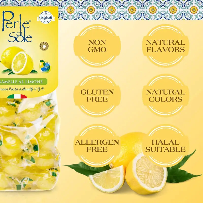 Perle Di Sole Italian Lemon Candy Drops - Lemon Hard Candy Individually Wrapped - Fizzy and Tart Citrus Candies (17.63 Oz | 500 G)