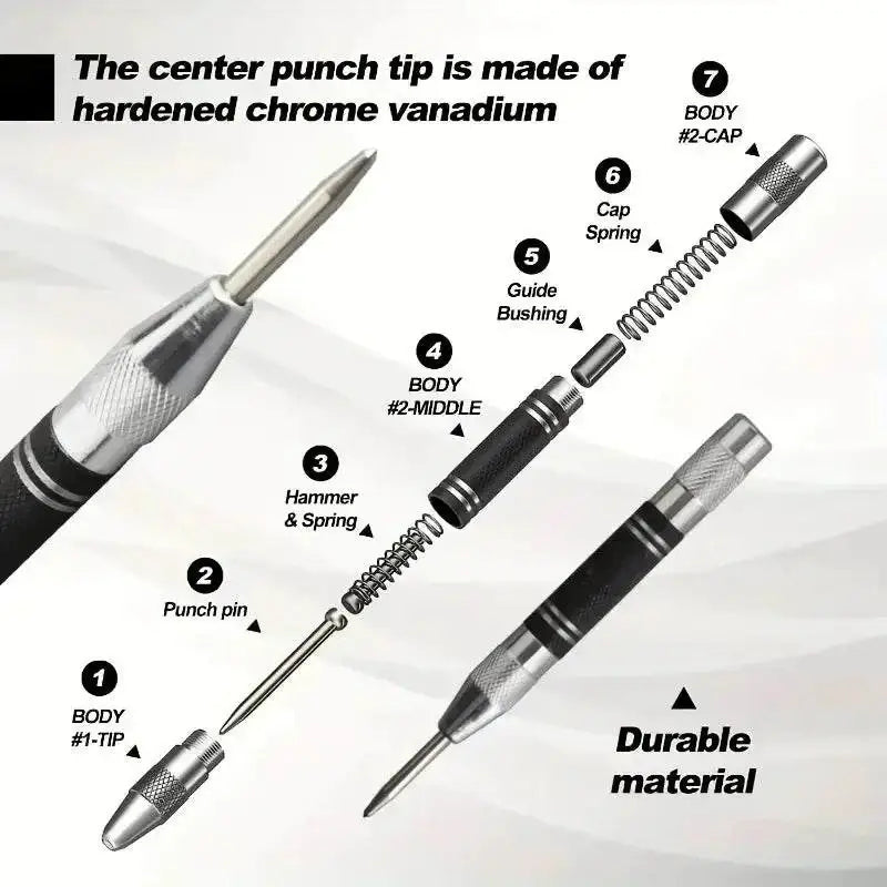 Exploded view of Auto Center Puncher showcasing steel spring load mechanics