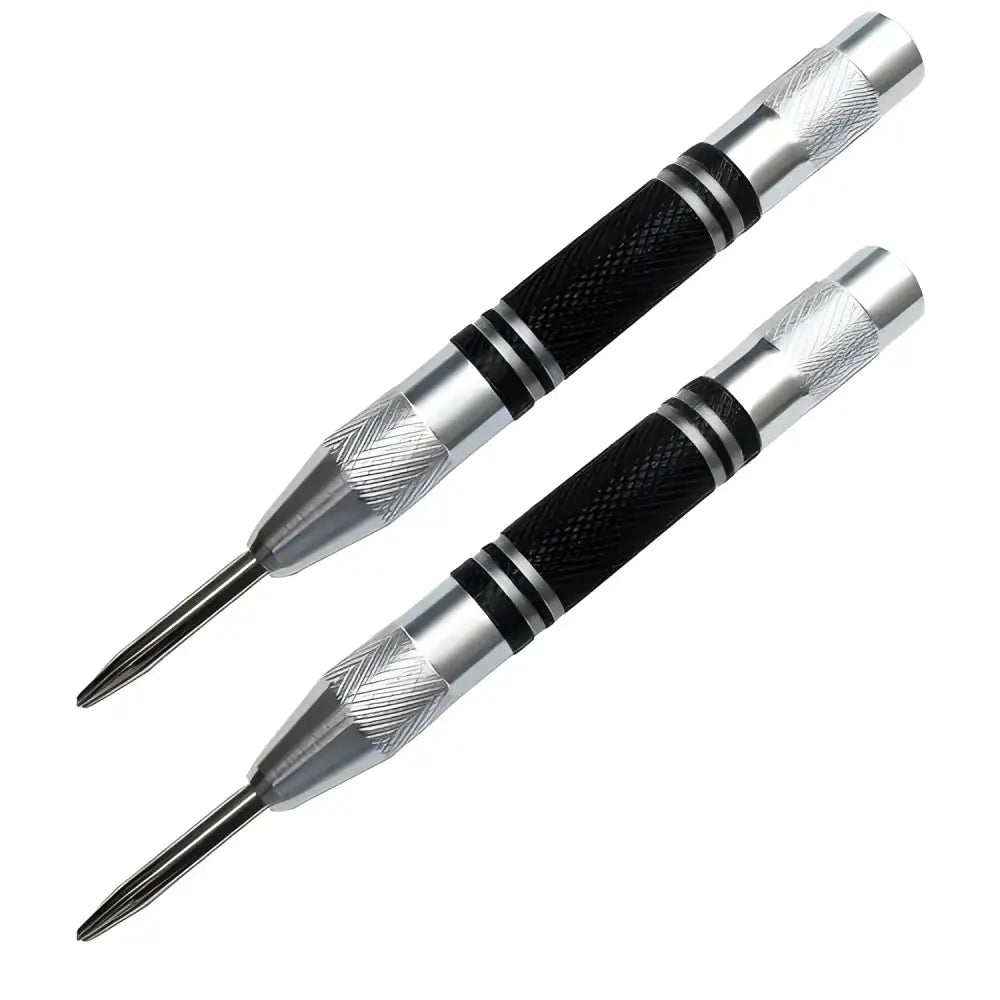 Two silver and black auto center punchers with steel spring load for precise hole marking