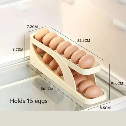 Two-tiered Automatic Rolling Egg Dispenser Holder showcasing dimensions for easy storage