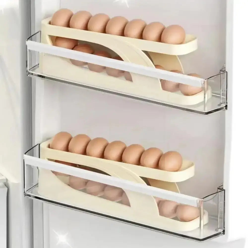 Two-tiered egg storage containers in an Automatic Rolling Egg Dispenser Holder