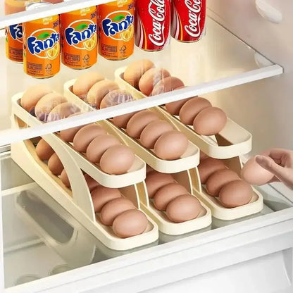 Automatic rolling egg dispenser holder organizing eggs in a refrigerator rack