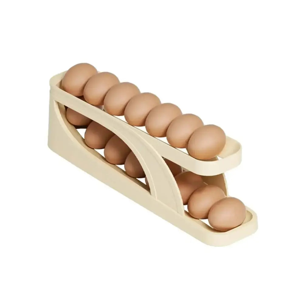 Two-tiered Automatic Rolling Egg Dispenser Holder filled with brown eggs