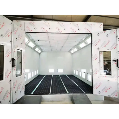 Open Automotive Spray Booth showcasing a Powder-Coated Light Box for spray bake paint