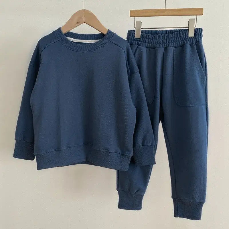 Navy blue waffle-knit sweat suit for Autumn Baby Kids in cozy dark blue style