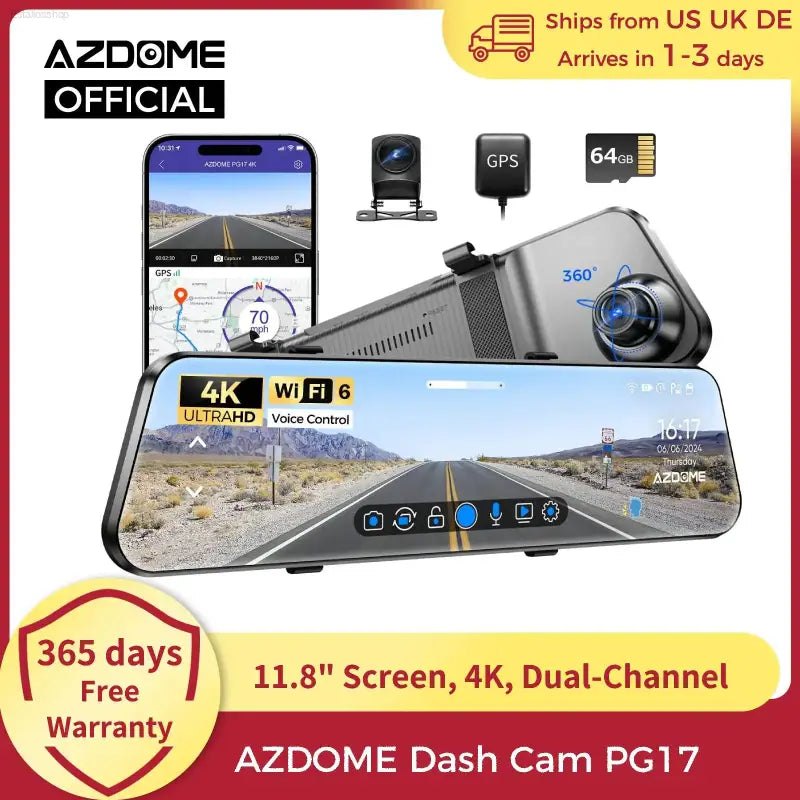 AZDOME dash cam with 4K resolution, Wi-Fi 6, GPS, and dual-channel recording.