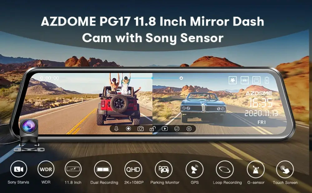 AZDOME PG17 11.8-inch mirror dash cam with Sony sensor.