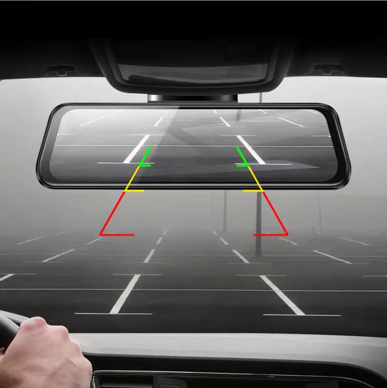 Car rearview mirror with parking assist lines.