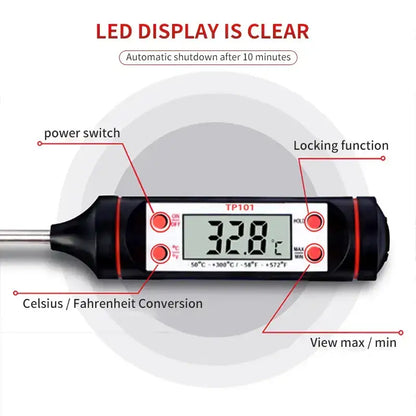 Digital Food Thermometer with labeled features, perfect for precise baking with electronic probe type