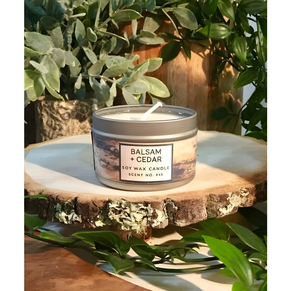 Balsam + Cedar Soy Wax Candle Bliss, a cozy blend of cedar soy wax and festive vibes