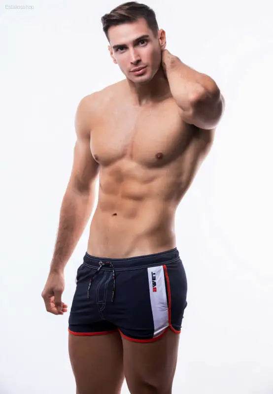 Men’s navy swim trunks.