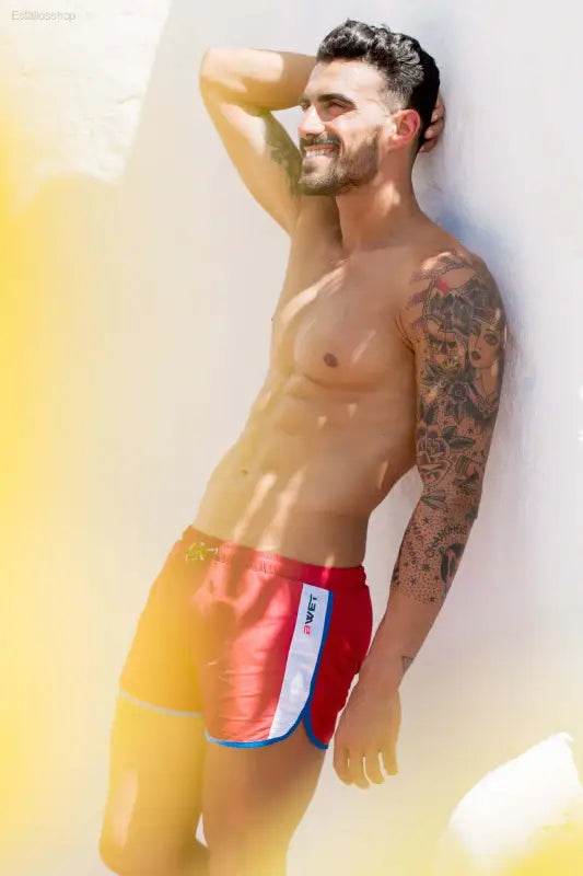 Red and white swim trunks.
