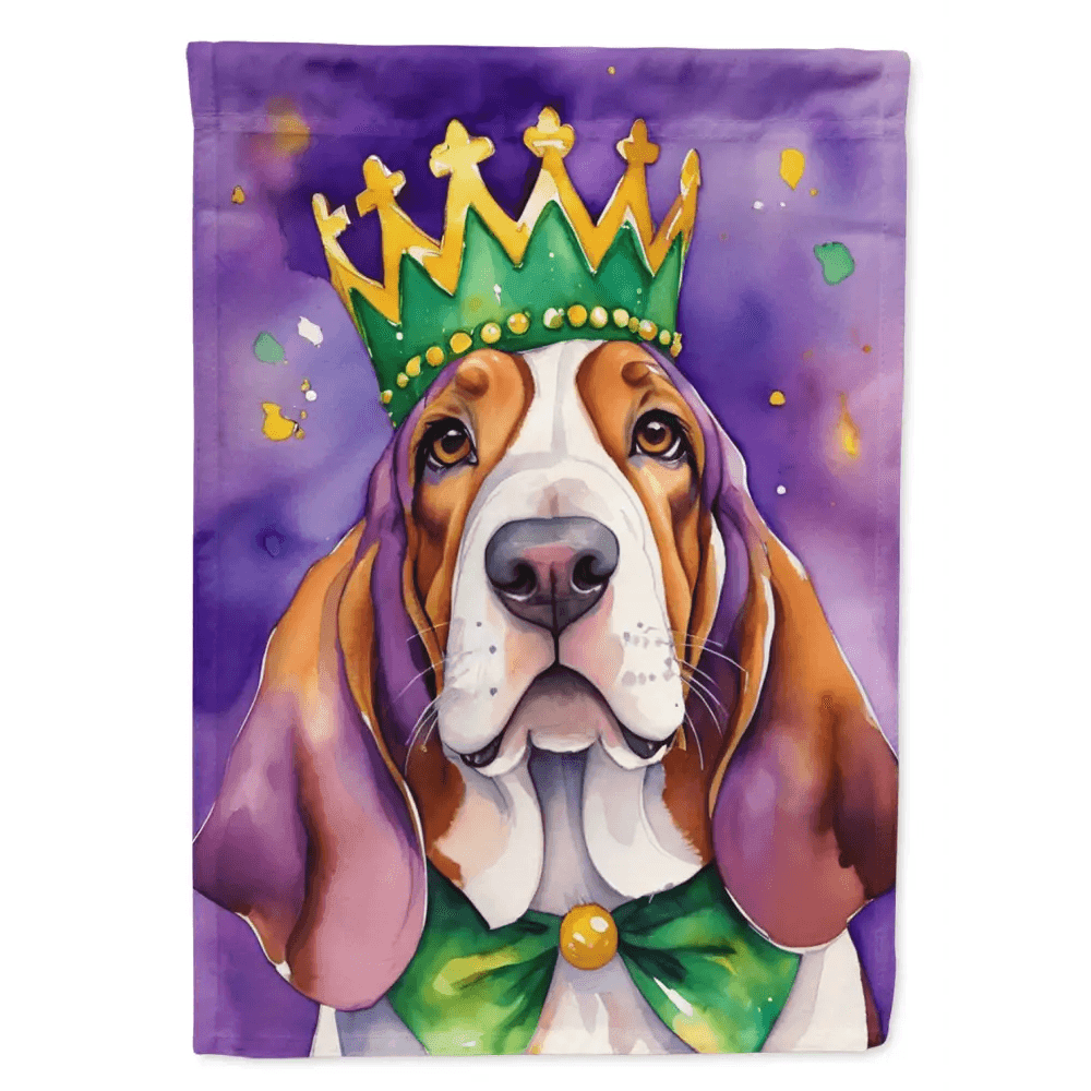 Mardi Gras Basset Hound Flag: Unleash the Purple Party! Okay, here's the product description you asked for: Get ready to celebrate - Estalios