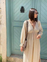 Beige Organic Cotton Long Goddess Dress with Round Bag - Estalios