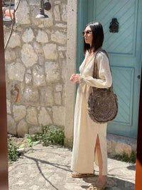 Beige Organic Cotton Long Goddess Dress with Round Bag - Estalios