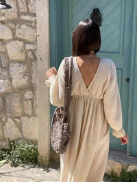 Beige Organic Cotton Long Goddess Dress with Round Bag - Estalios