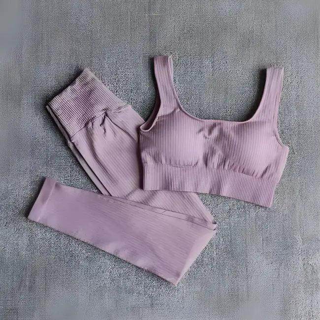 Vibrant Pink and Beige Ribbed Workout Set for Active Women - Estalios
