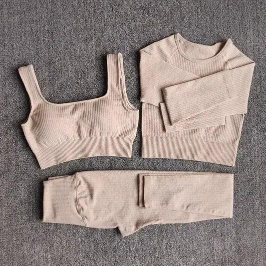 Beige ribbed sportswear yoga set showcasing size chart for the perfect fit