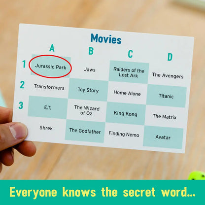 Movie-themed game card for Big Potato’s award-winning Extra Secret Words Game