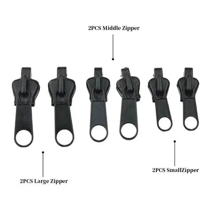 Black zipper pulls in Black 6pcs Instant Zipper Fix kit for quick zipper repairs