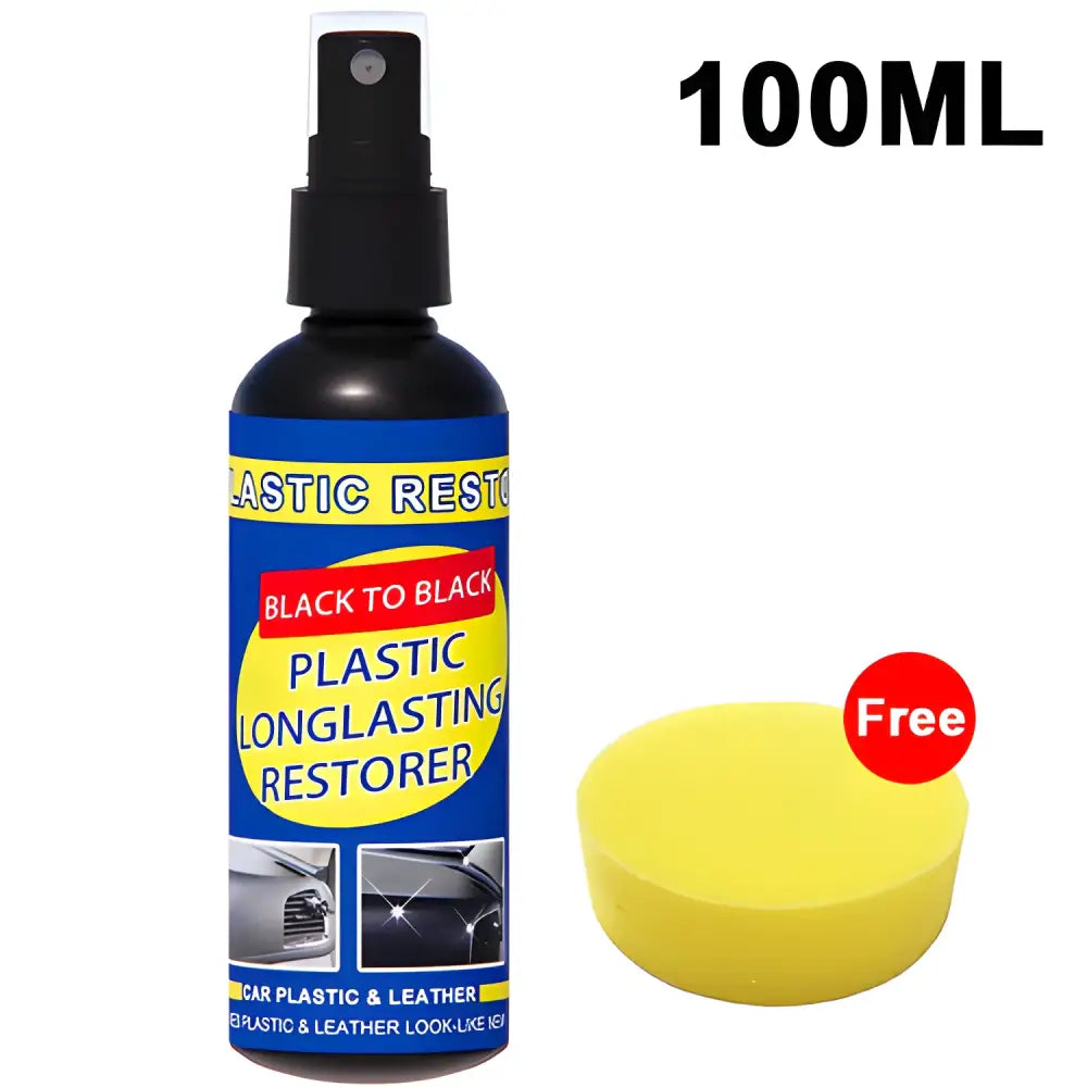 Black plastic restorer spray with sponge for easy gloss car cleaning and shine