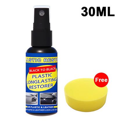 Black plastic restorer spray bottle and yellow sponge for gloss car cleaning