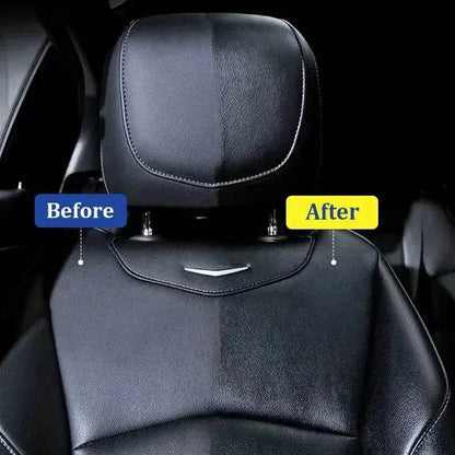 Before and after of a leather car seat cleaned with Black Gloss Car Plastic Restorer Magic