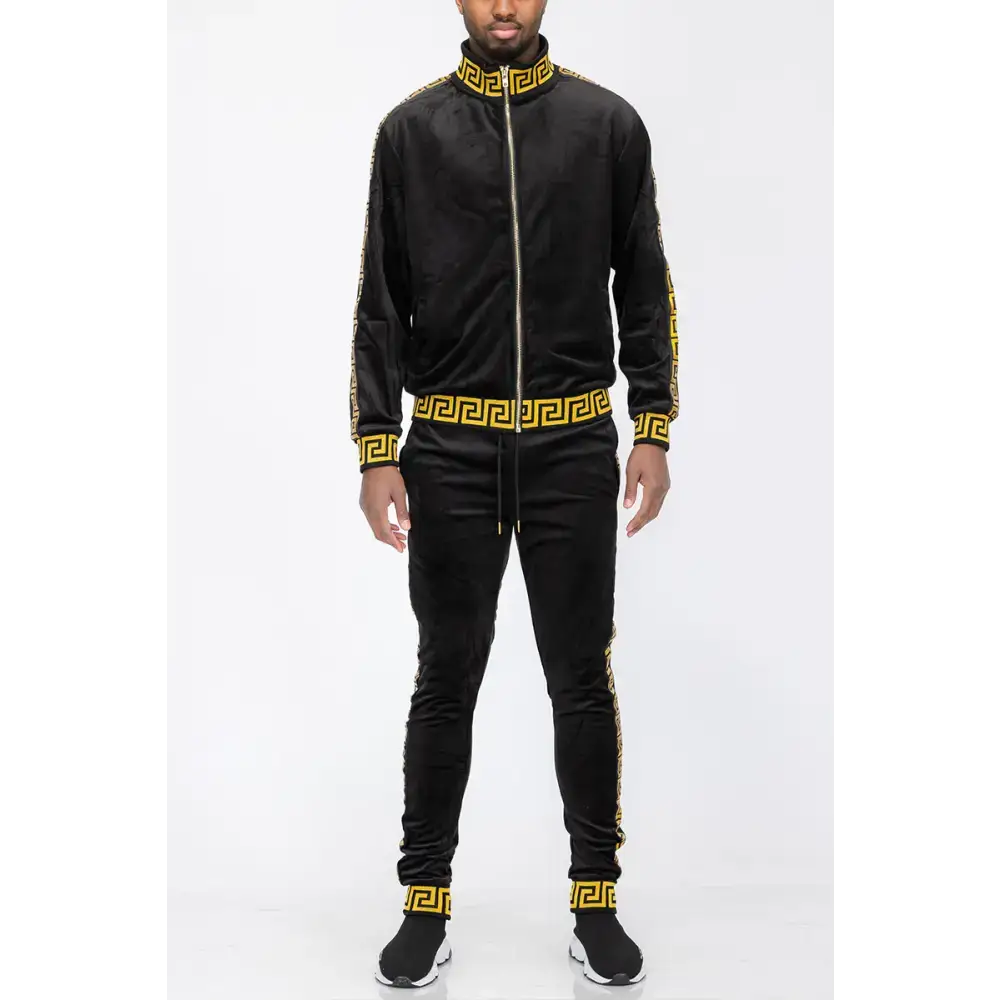 Black Gold Greek Key Velour Tracksuit, stylish black and gold pattern for a chic look