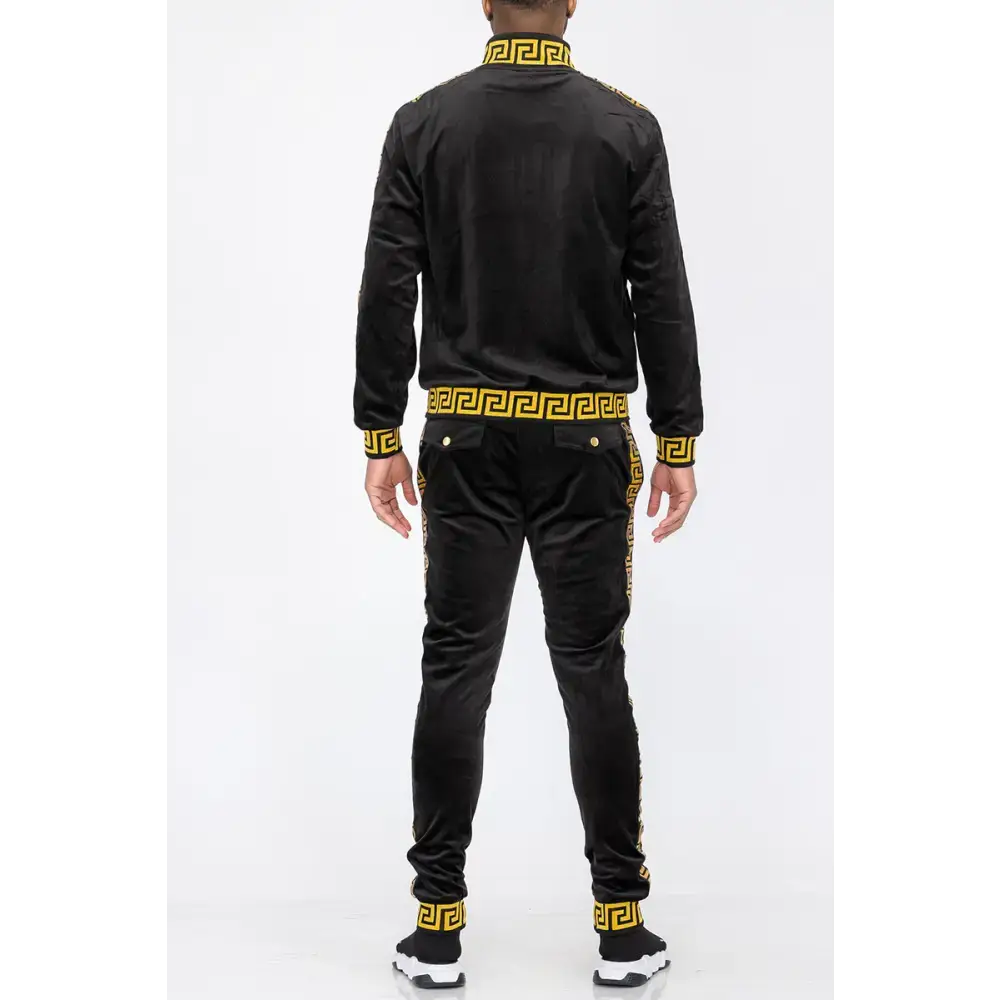 Stylish Black Gold Greek Key Velour Tracksuit perfect for a chic look