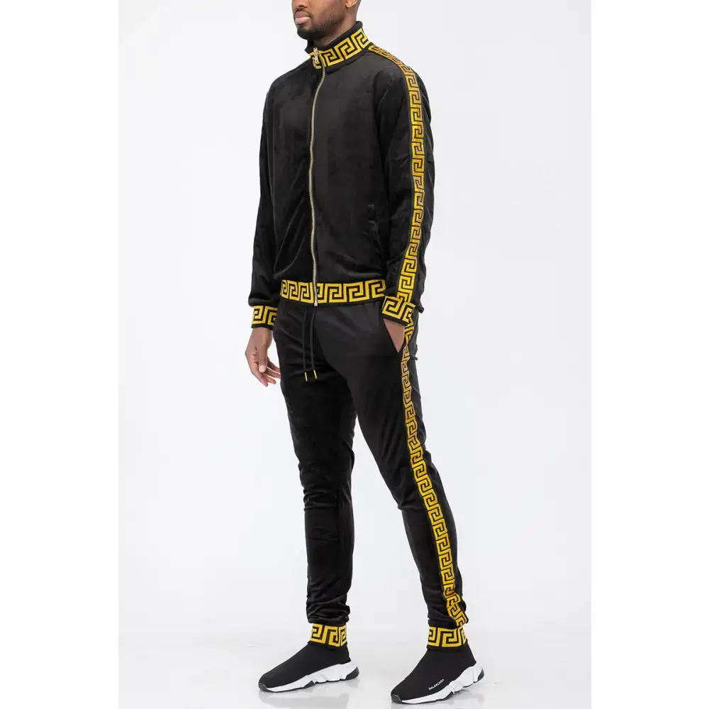 Black Gold Greek Key Velour Tracksuit with striking black and gold pattern design