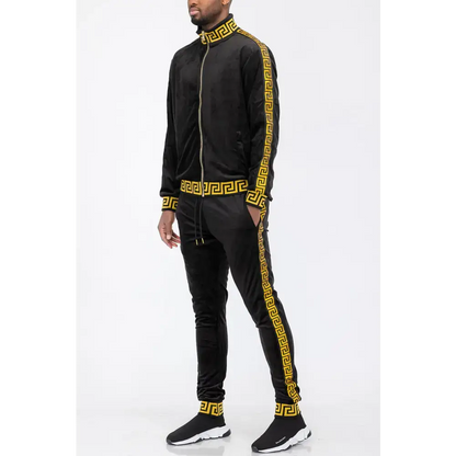 Black Gold Greek Key Velour Tracksuit with striking black and gold pattern design