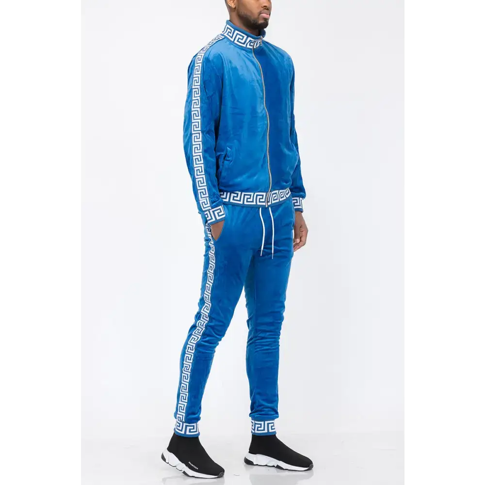 Blue Velvet Tracksuit with Greek Key Pattern in Black Gold Velour Style. Perfect for cozy vibes