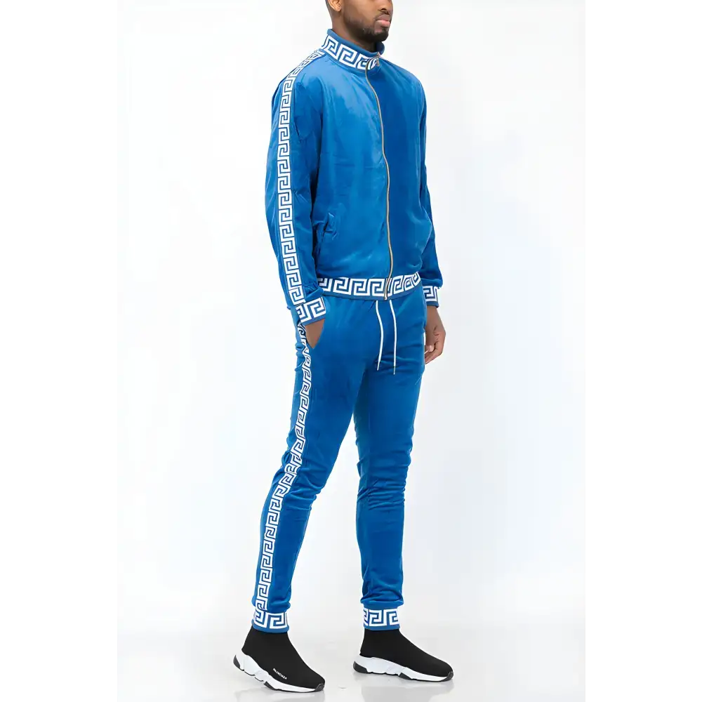 Blue velour tracksuit with Greek key pattern from Black Gold Greek Key Velour Tracksuit