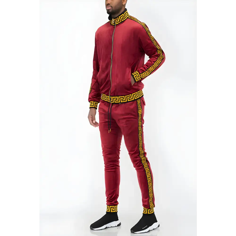 Burgundy tracksuit with Greek key pattern from Black Gold Greek Key Velour Tracksuit