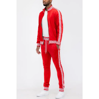 Stylish Red Tracksuit with Greek Key Pattern from Black Gold Greek Key Velour collection