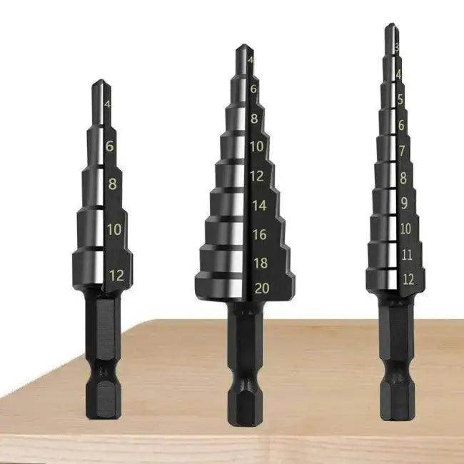 Black Hexagonal Shank Straight Slot Step Drill Bit Set of Three for Precision Metalwork - Estalios